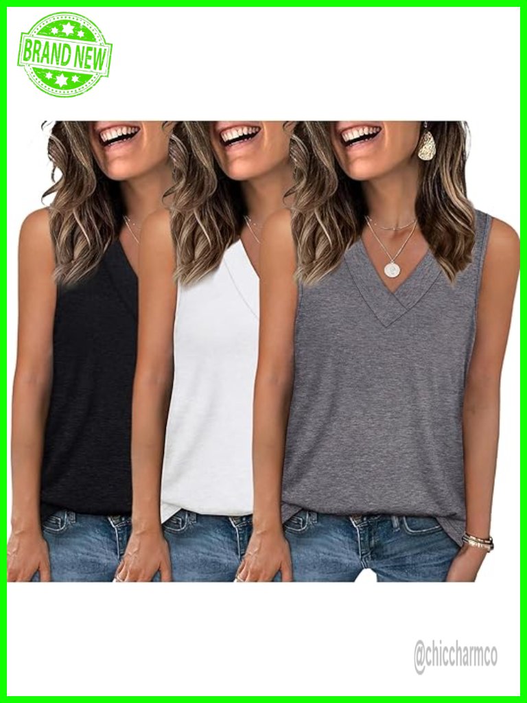 3 Pack Women's V Neck Tank Tops Sleeveless Casual Summer T Shirts Beach Vacation